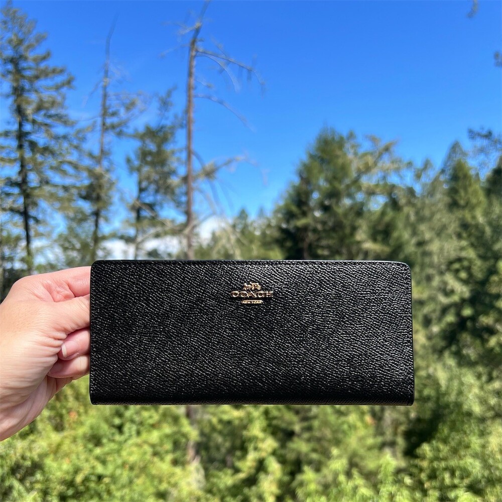 COACH Slim Bifold Wallet BLACK Crossgrain Leather with Gold Hardware AUTHENTIC